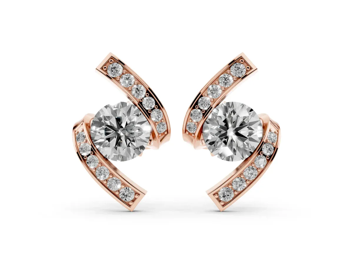 Round Diamond Curve Wave Stud Earrings Rose gold
