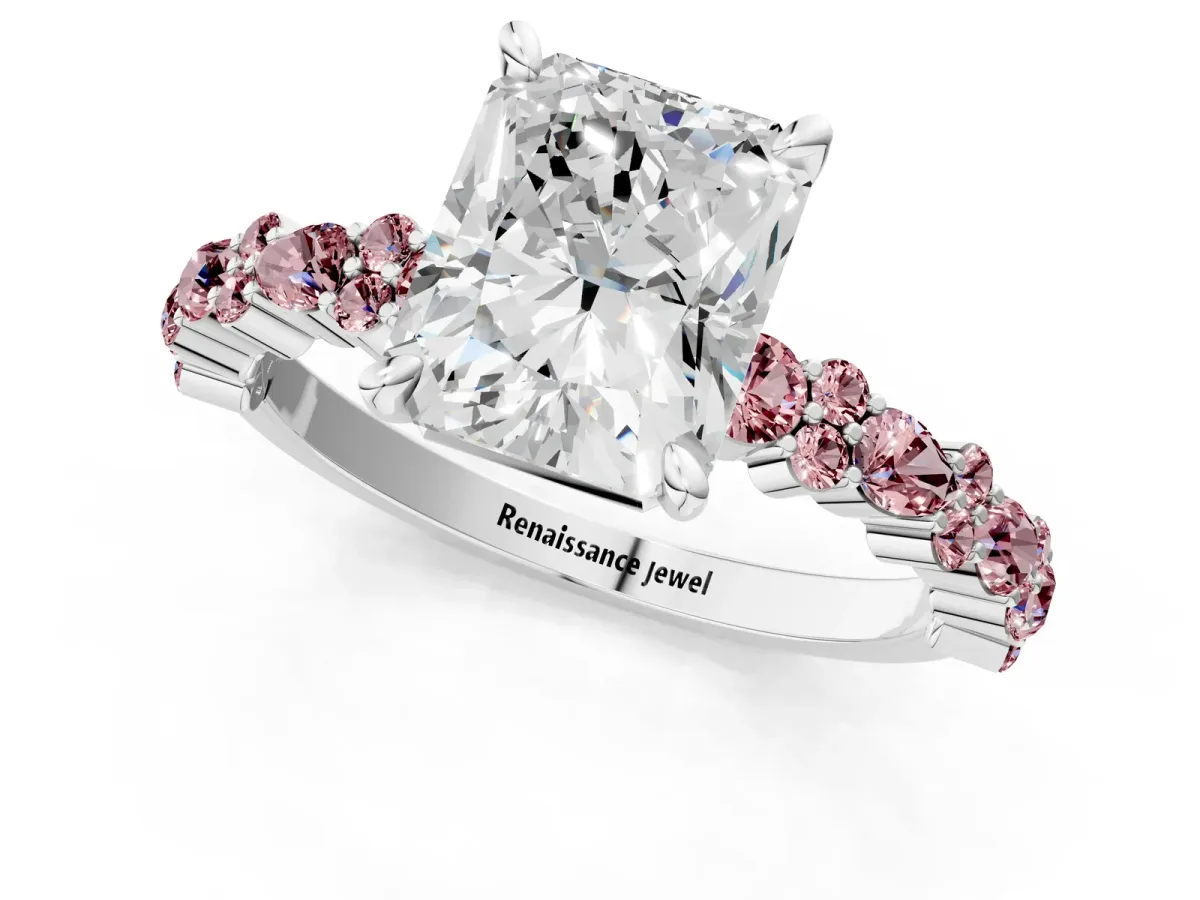 Radiant Cut Diamond Side Stone Solitaire Ring with Round Morganite and Four-Prong Setting Platinum