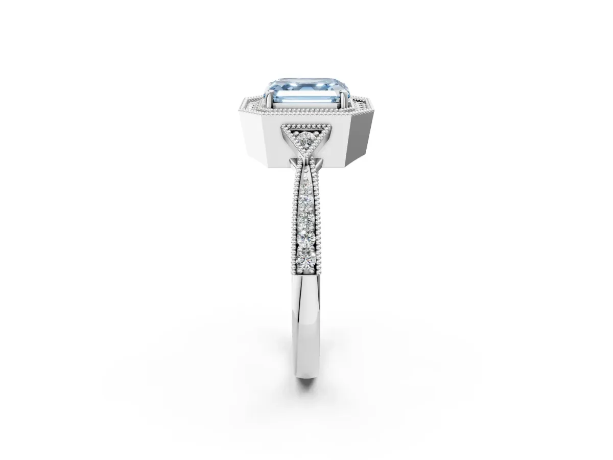 Fancy Blue Asscher Cut Halo Round Diamond Milgrain Pave Engagement Ring Platinum