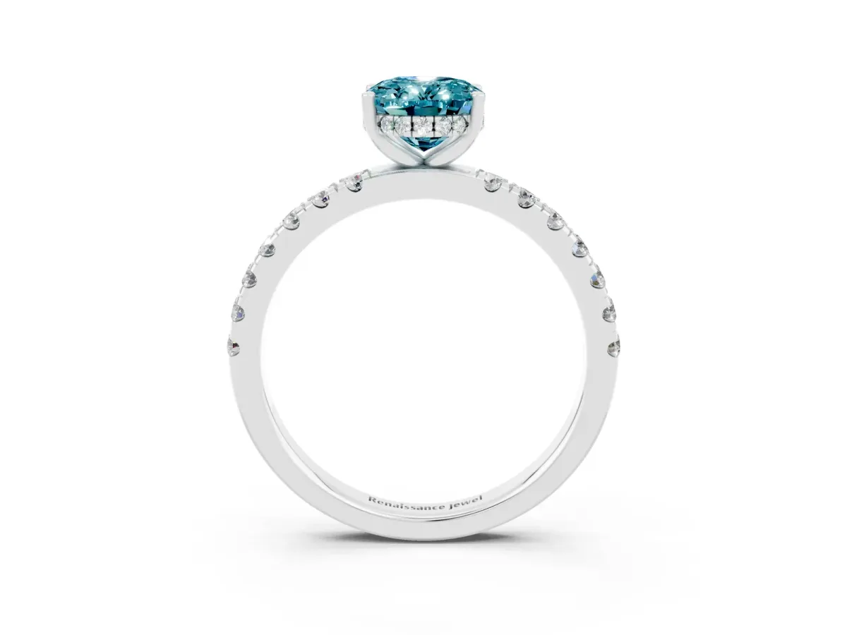 Oval Cut Blue Topaz Pave Band Solitaire Ring with Round and Prong Setting Platinum