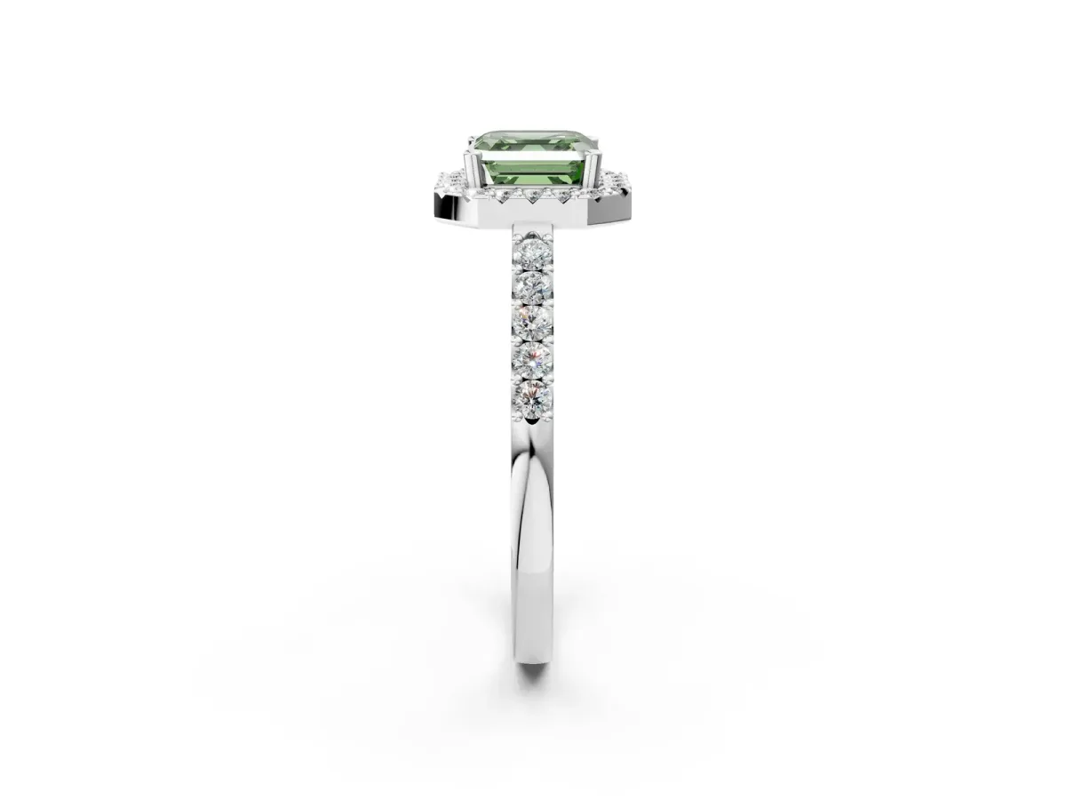 Fancy Green Asscher Cut Halo Diamond Pavé Solitaire Ring Silver
