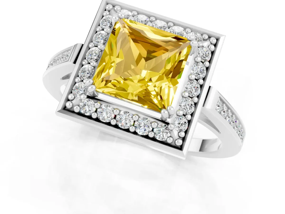 Princess Cut Yellow Sapphire Halo Ring with Split Shank and Four-Prong Setting Platinum