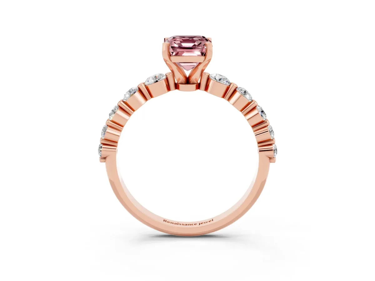 Emerald Cut Solitaire Morganite Ring with Pave Band and Four-Prong Setting Rose gold