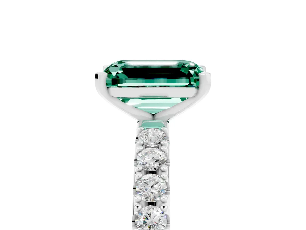 Emerald Cut Green Sapphire Solitaire Pavé Band with Four-Prong Setting Silver