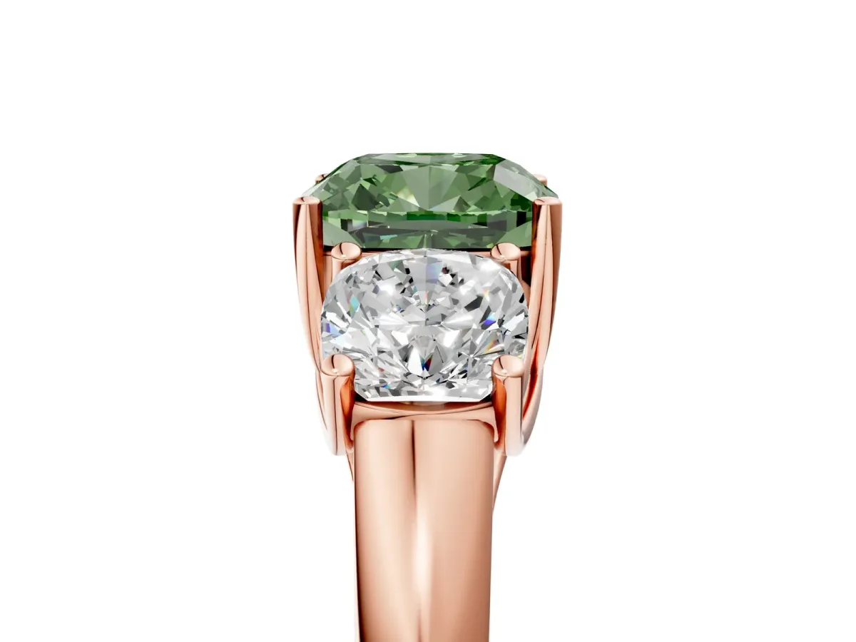 Fancy Green Three-Stone Cushion Cut Diamond Engagement Ring with Prong Setting Rose gold
