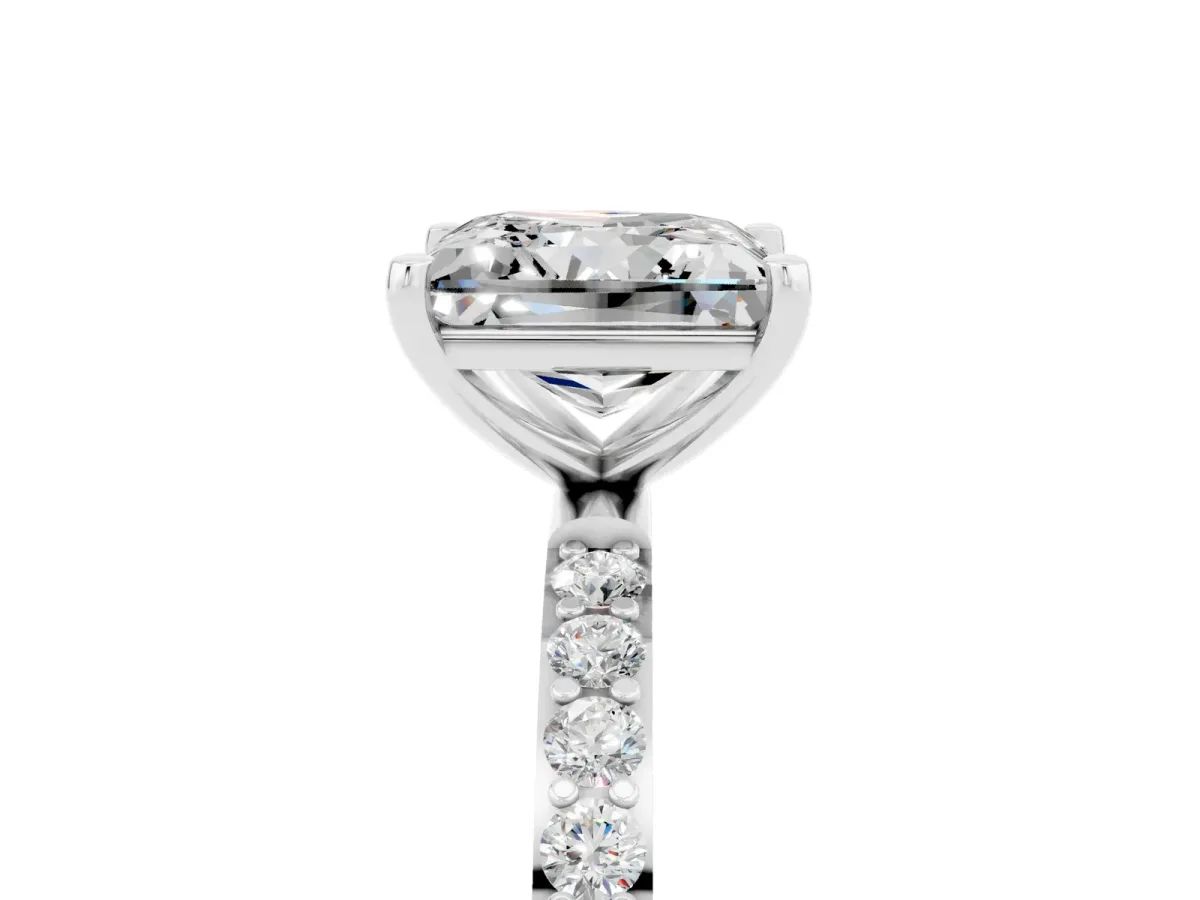 Princess Cut Moissanite Solitaire Ring with Round Pavé Band and Prong Setting Silver