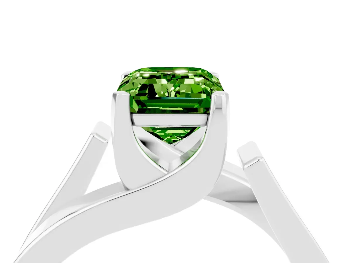 Modern Tension Set Emerald Cut Peridot Solitaire Wide Band Ring Platinum