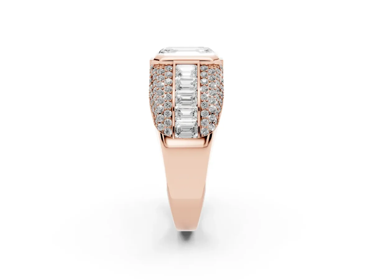 Emerald Cut Diamond Mens Ring with Side Stones Rose gold