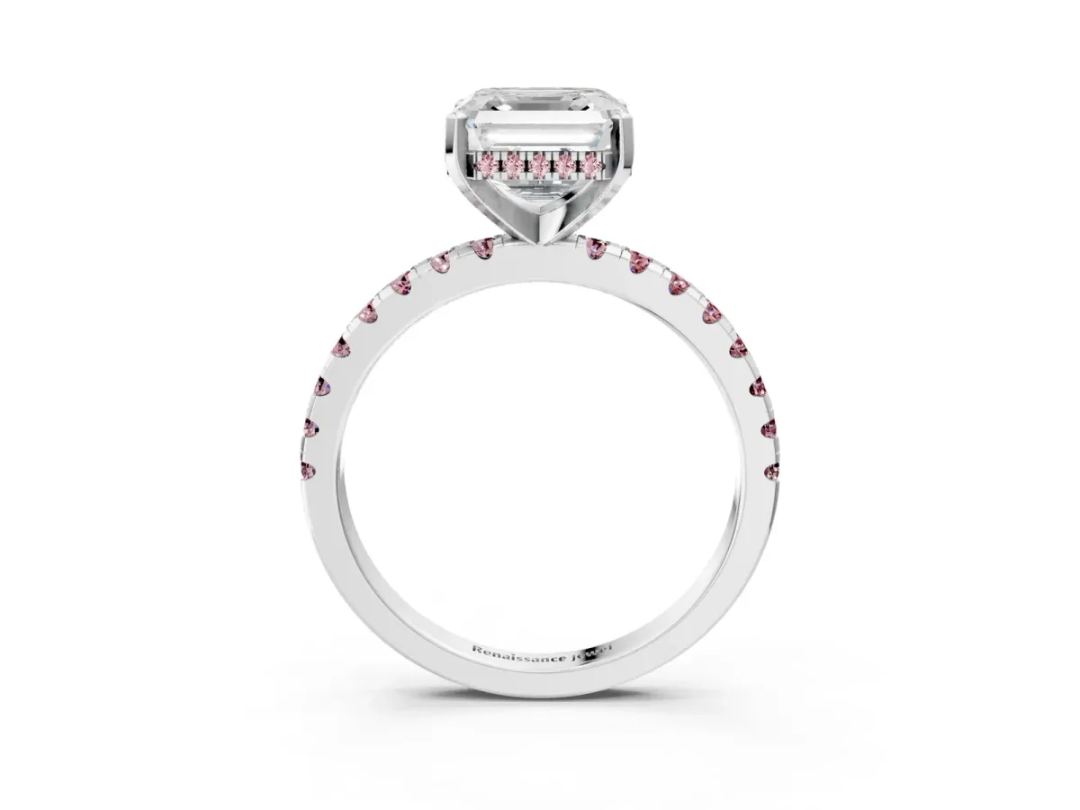 Asscher Cut Diamond Solitaire Ring with Round Morganite Pavé Band and Four-Prong Setting Silver