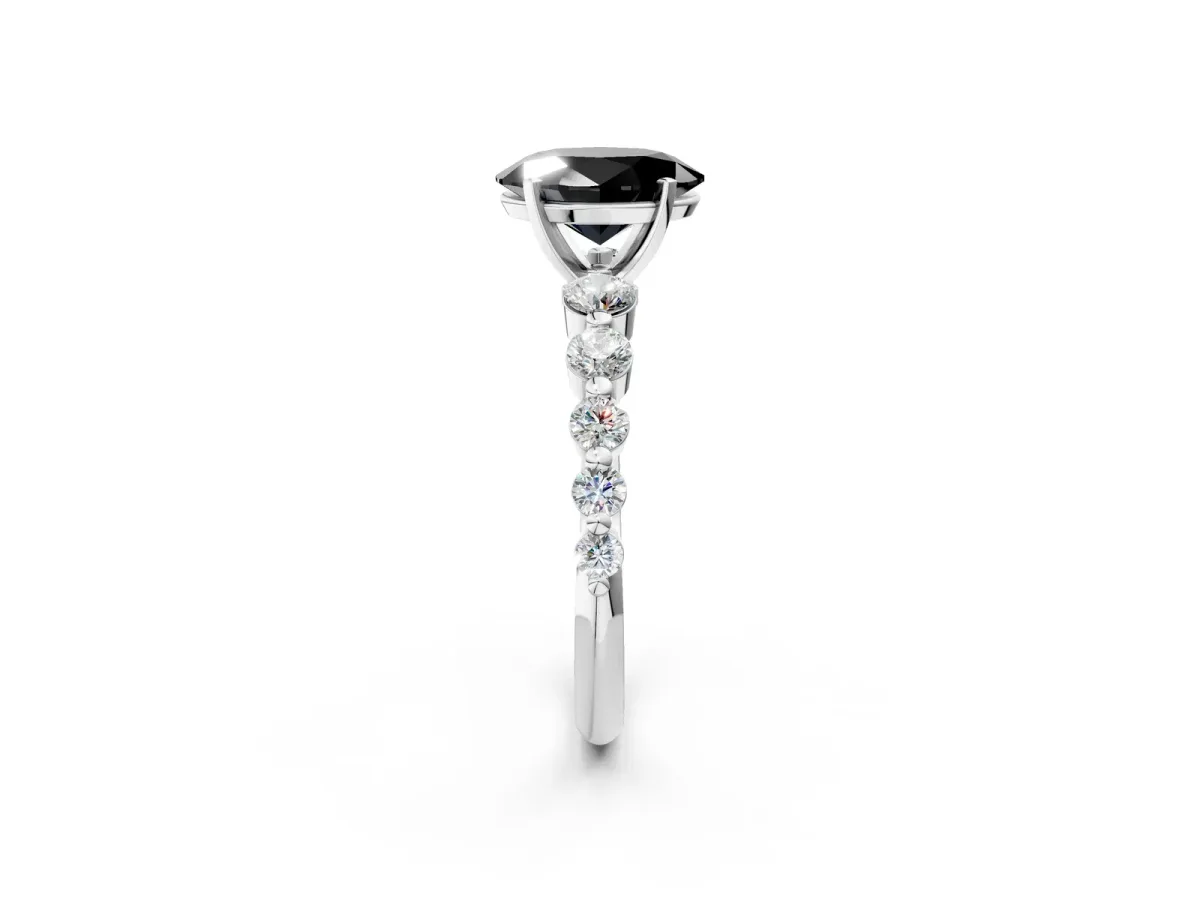 Fancy Black Oval Cut Solitaire Diamond Ring with Pave Band and Four-Prong Setting Silver