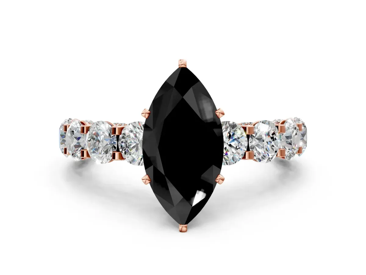 Fancy Black Marquise Cut Diamond Side Stone Engagement Ring with Four-Prong Setting Rose gold