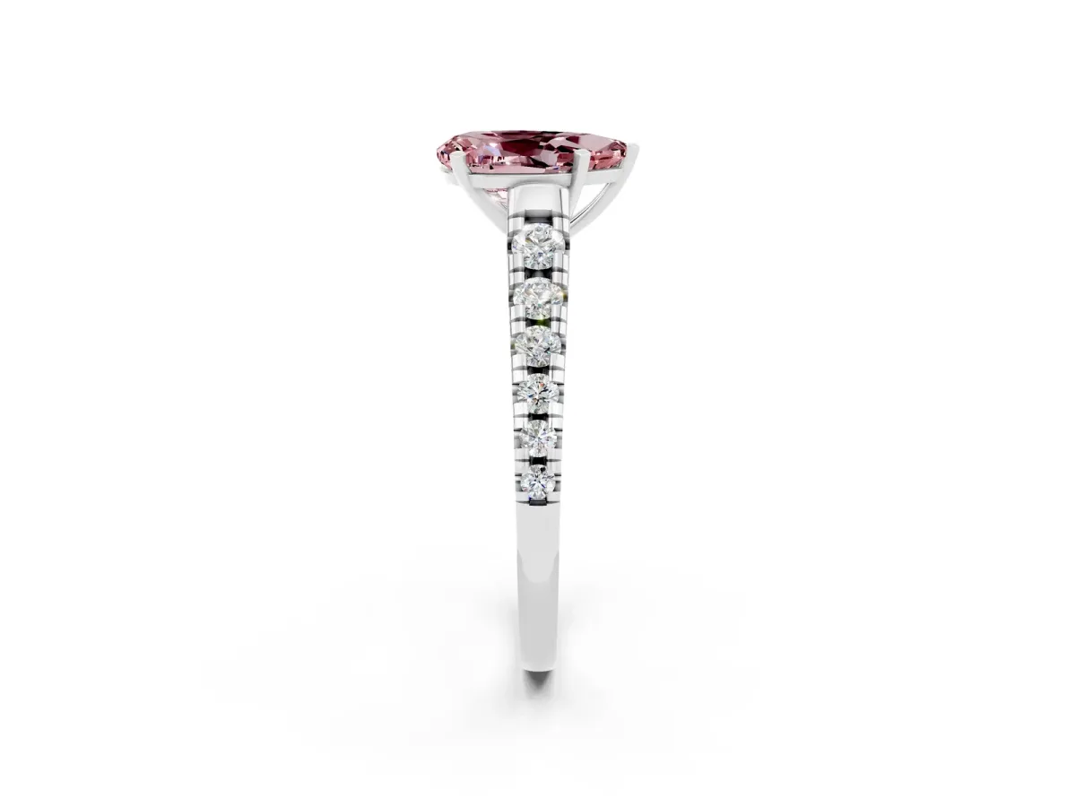 Pear Cut Morganite Cathedral Solitaire Ring with Round Pavé Band Silver