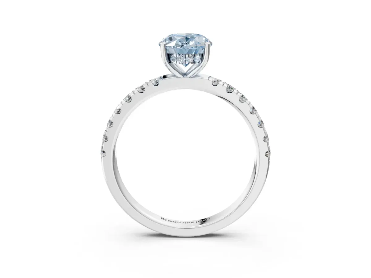 Fancy Blue Oval Cut Diamond Pave Band Solitaire Ring with Round and Prong Setting Platinum