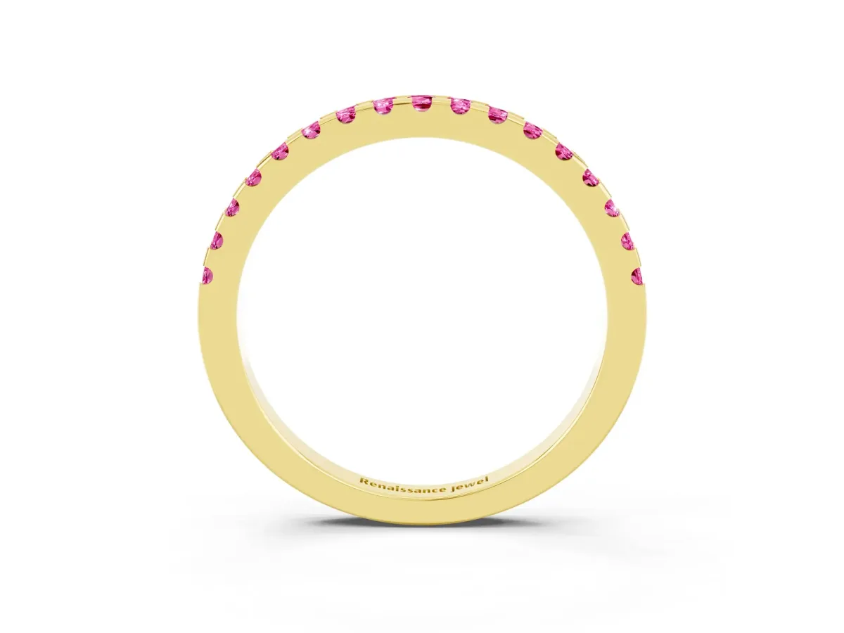 Round Pink Sapphire Pavé Set Eternity Band with Micro Prong Setting Yellow gold