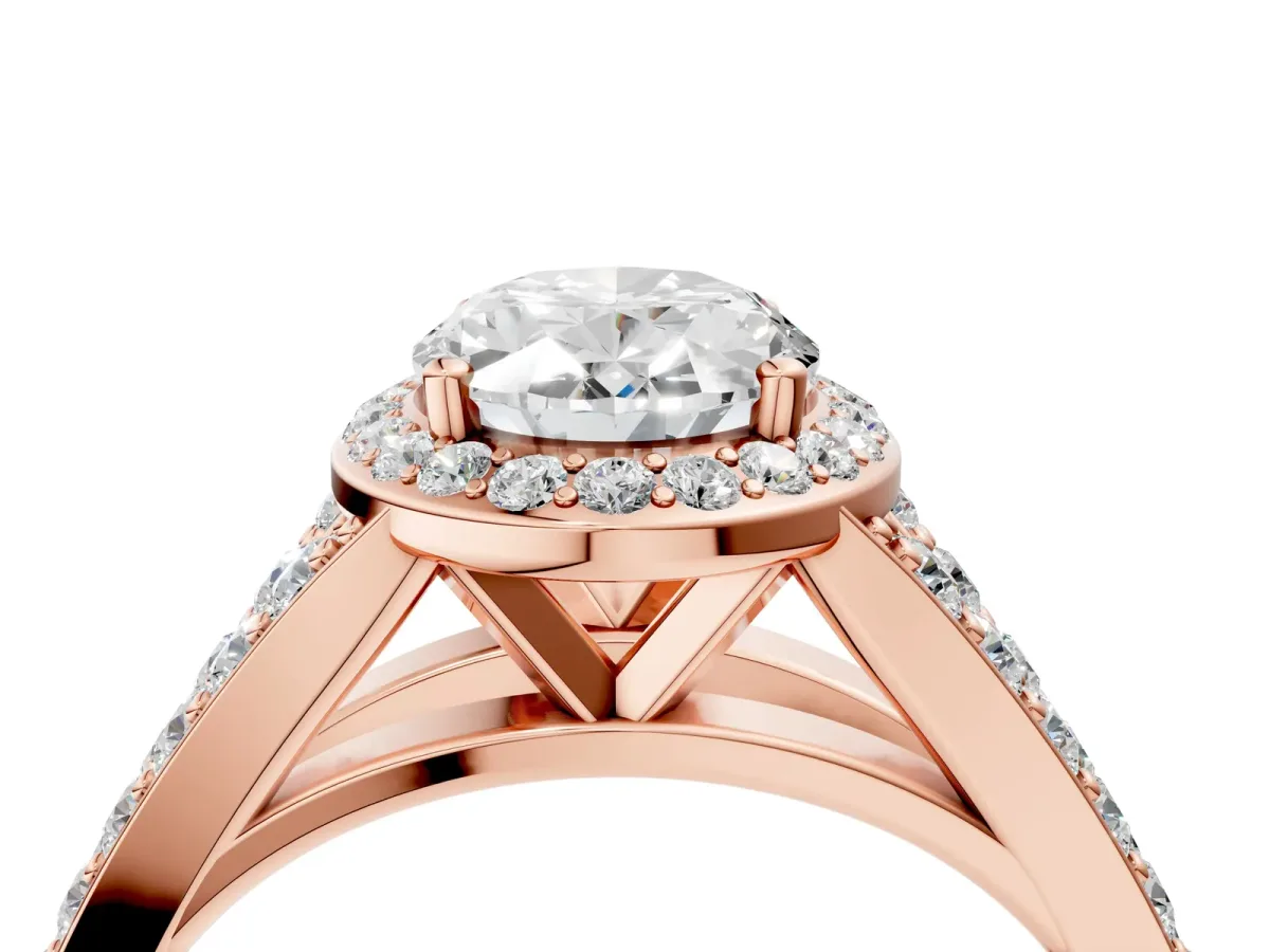 Oval Cut Diamond Split Shank Halo Ring with Four-Prong Setting Rose gold