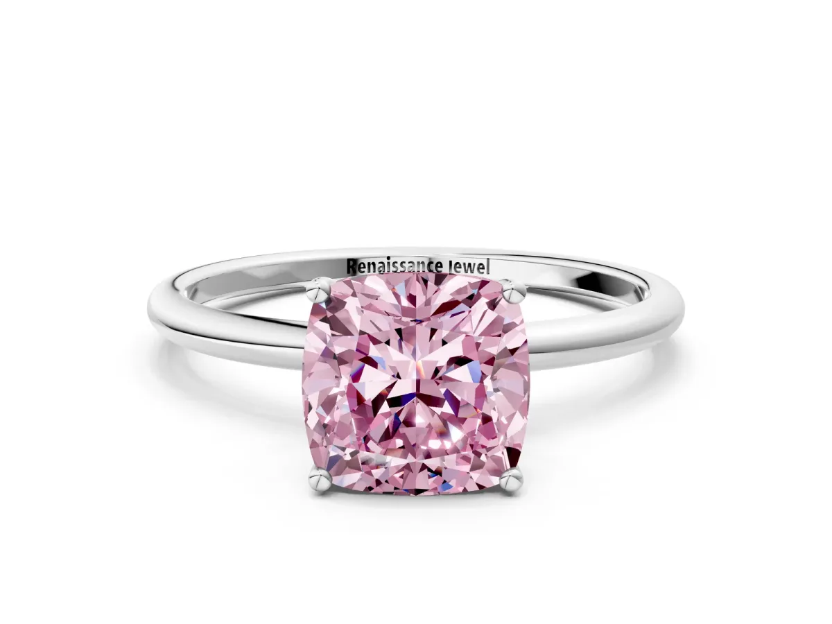 Fancy Pink Cushion Cut Cut Solitaire Engagement Ring with Thin Band and Four-Prong Setting Silver