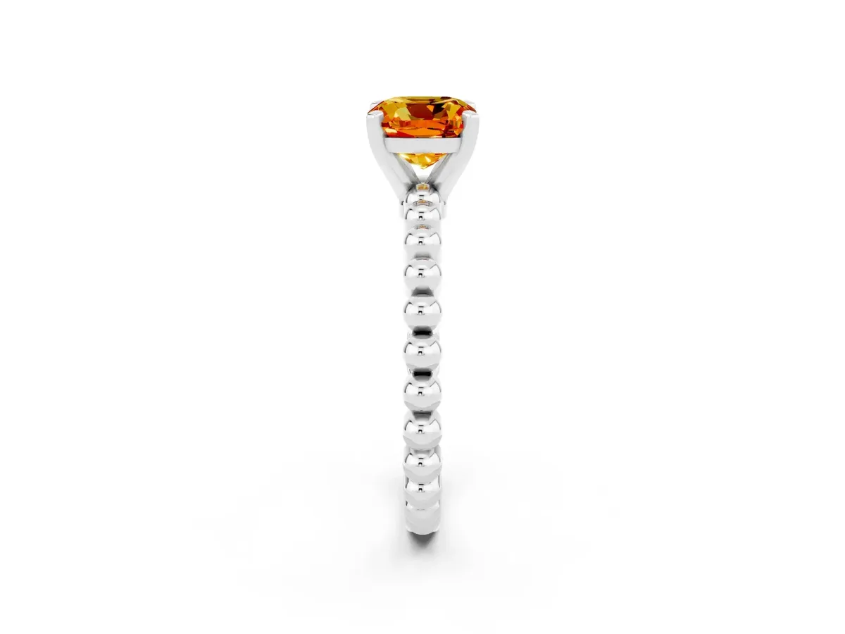 Cushion Cut Citrine Solitaire Ring with Beaded Band and Prong Setting Platinum