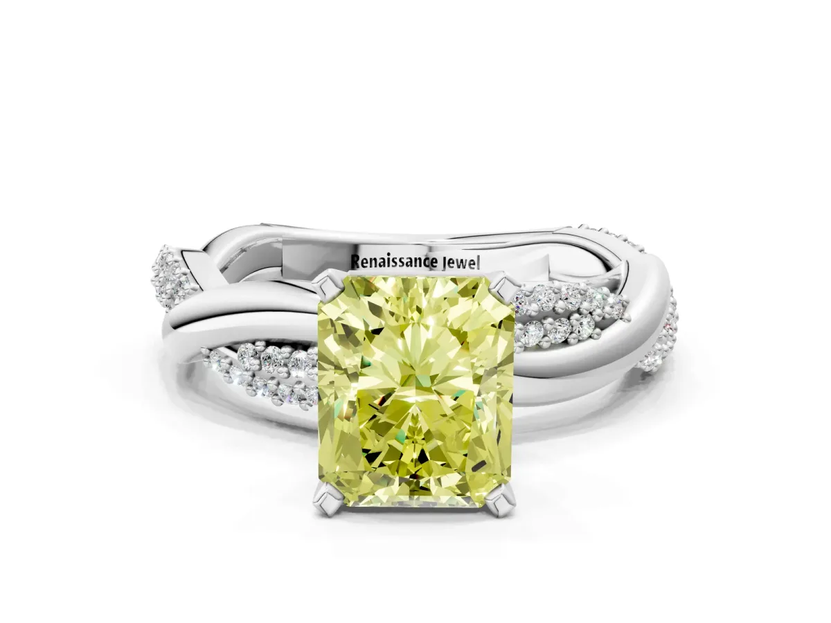 Fancy Yellow Radiant Cut Solitaire Twist Band with Pave Prong Setting Platinum