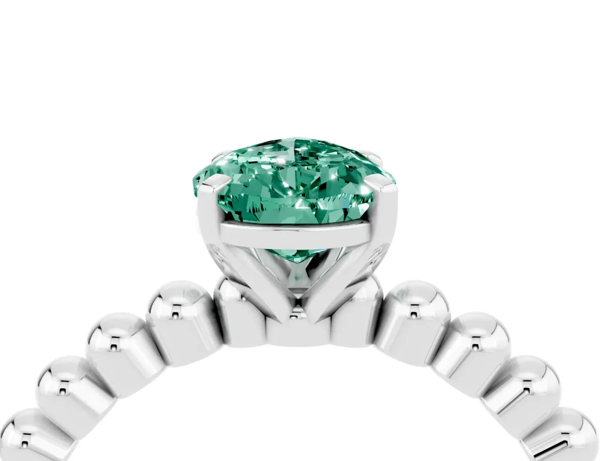 Pear Cut Green Sapphire Solitaire Ring with Beaded Band and Prong Setting Platinum