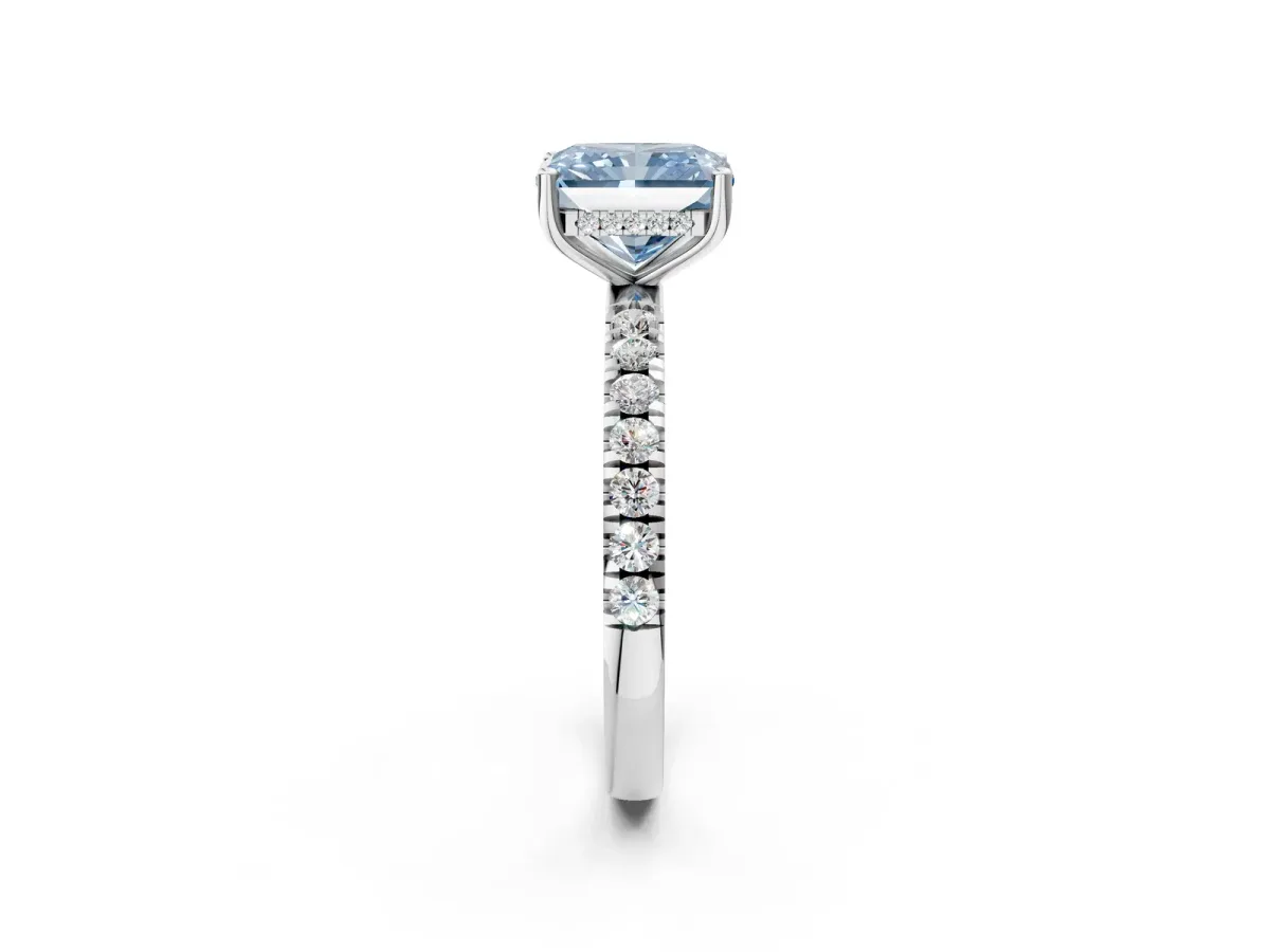 Fancy Blue Radiant Cut Diamond Pave Band Solitaire Ring with Round and Prong Setting Platinum