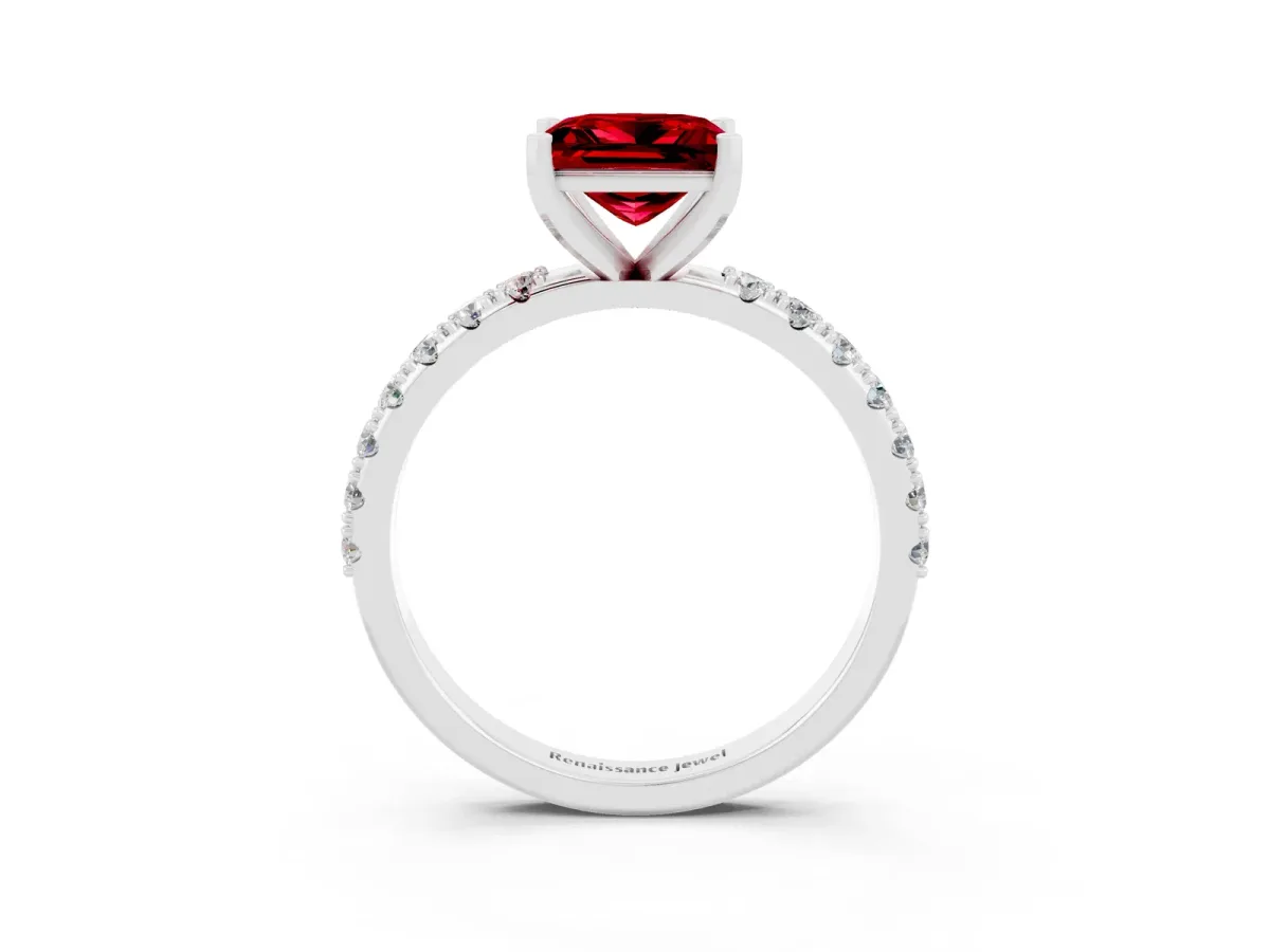 Princess Cut Ruby Solitaire Pavé Band with Four-Prong Setting White gold