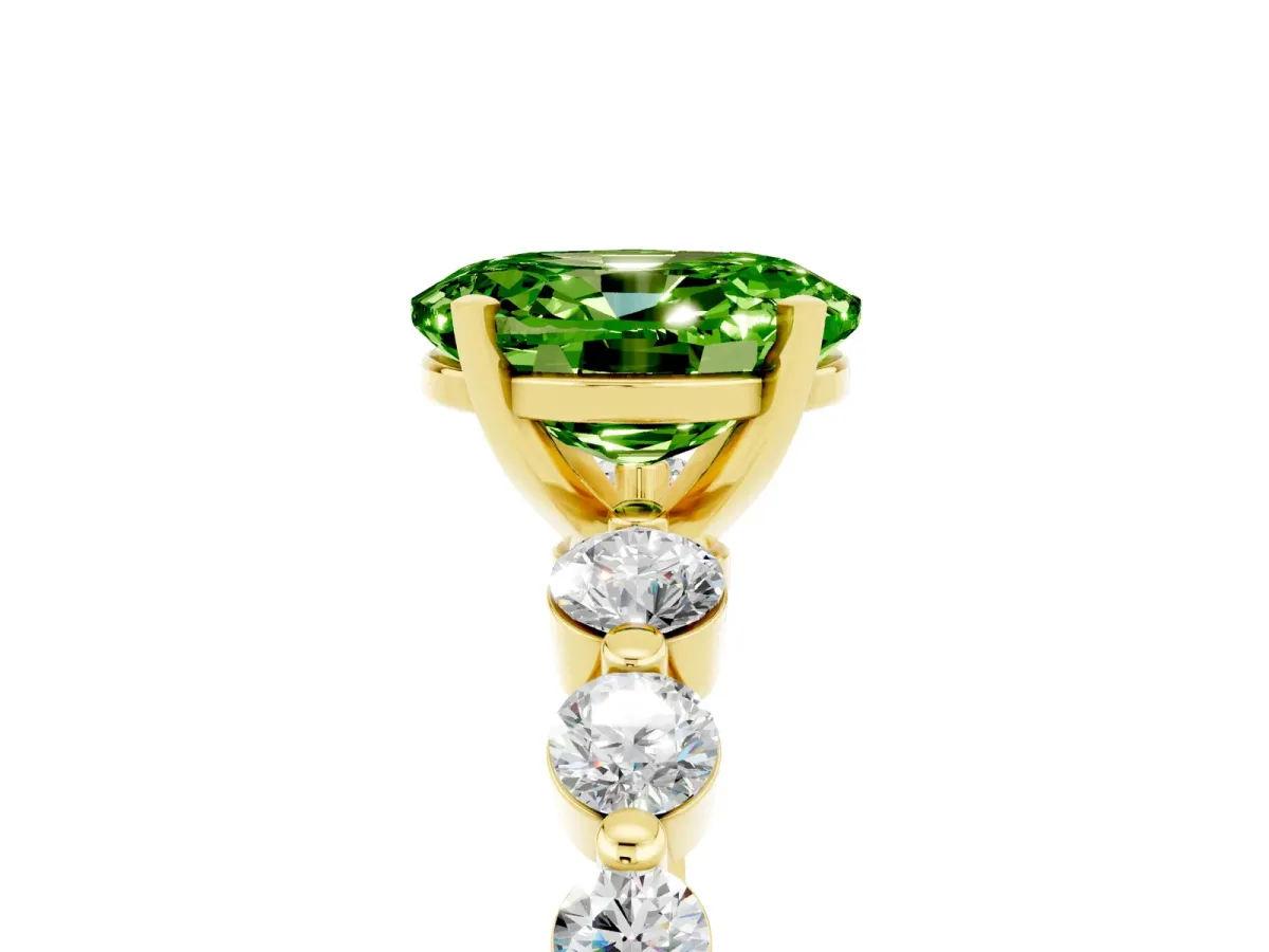 Oval Cut Solitaire Peridot Ring with Pave Band and Four-Prong Setting Yellow gold