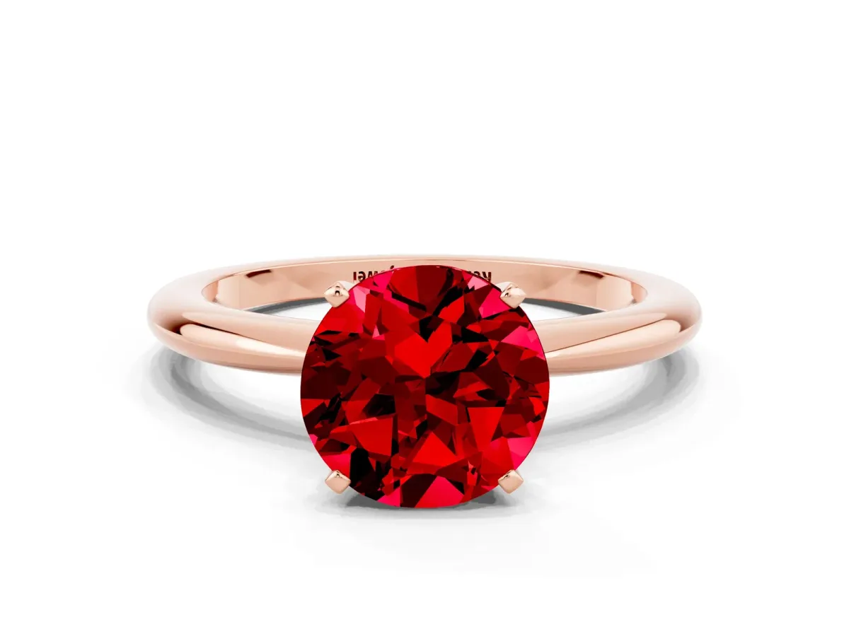 Round Cut Ruby Solitaire Ring with Six-Prong Setting and Classic Band Rose gold