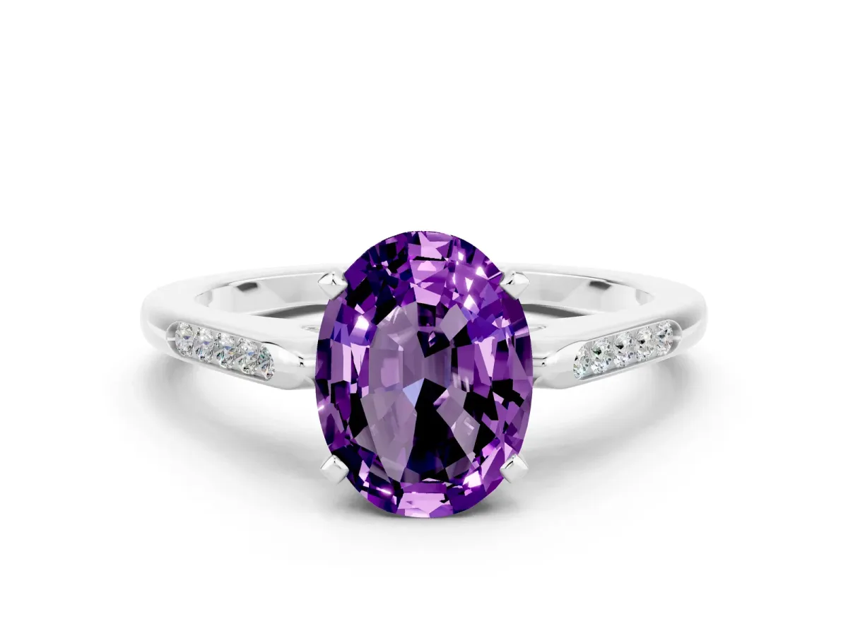 Oval Cut Amethyst Solitaire Ring with Channel Set Round Band and Prong Setting Silver