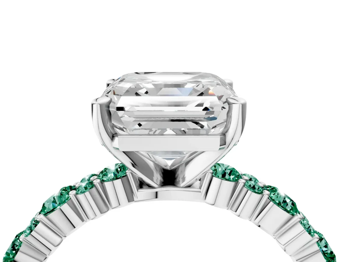 Asscher Cut Diamond Side Stone Solitaire Ring with Round Green Sapphire and Four-Prong Setting Silver