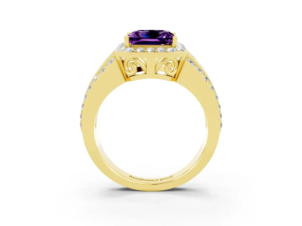 Princess Cut Halo Amethyst Ring with Round Split Shank and Prong Setting Yellow gold