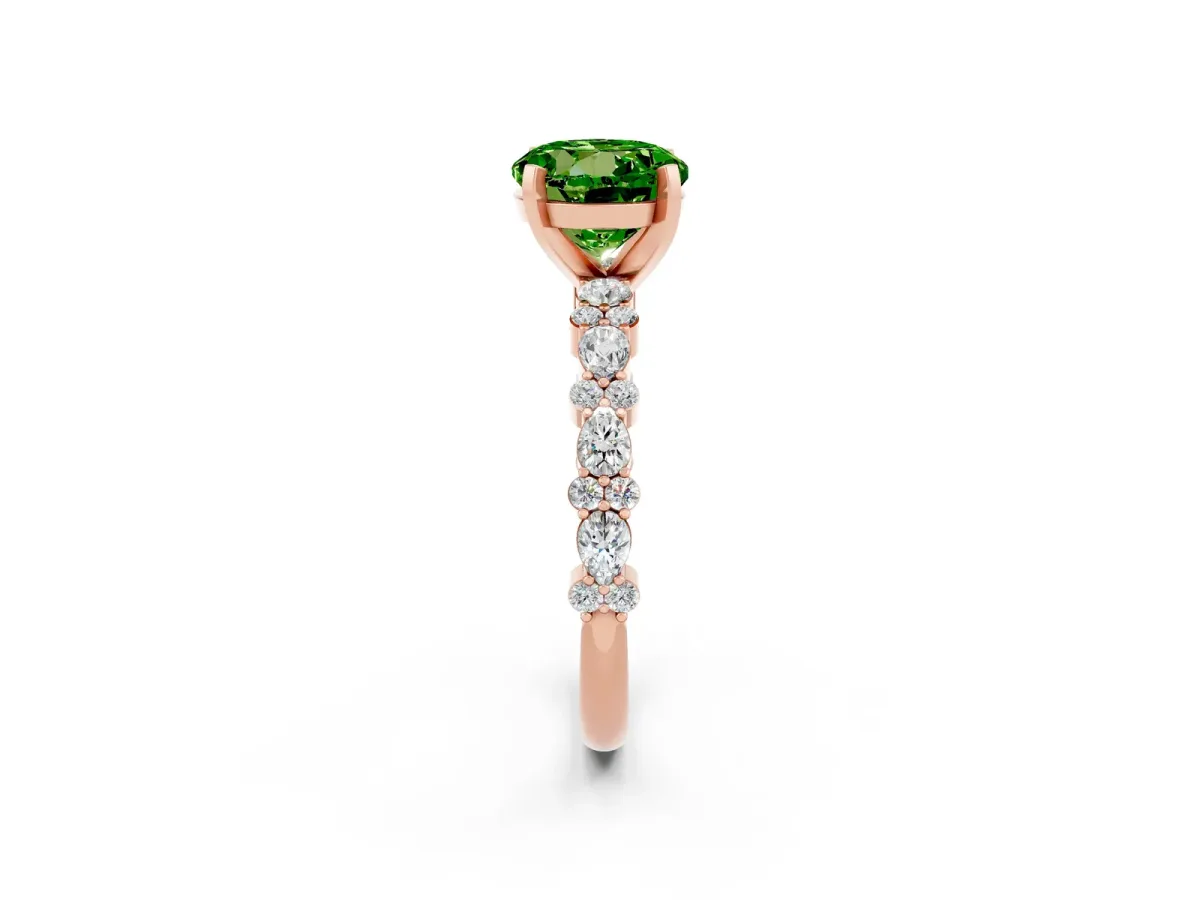 Round Cut Peridot Side Stone Solitaire Ring with Round and Four-Prong Setting Rose gold