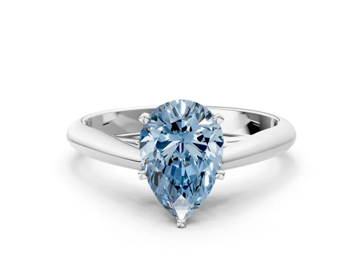 Fancy Blue Pear Cut Diamond Solitaire Engagement Ring with Cathedral Setting and Four-Prong Mount White gold