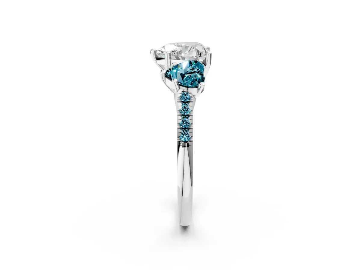 Three-Stone Heart Cut Diamond Ring with Round Blue Topaz Pavé Band and Prong Setting Silver