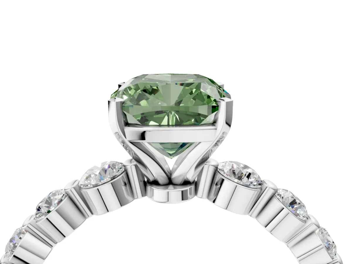Fancy Green Cushion Cut Solitaire Diamond Ring with Pave Band and Four-Prong Setting Silver