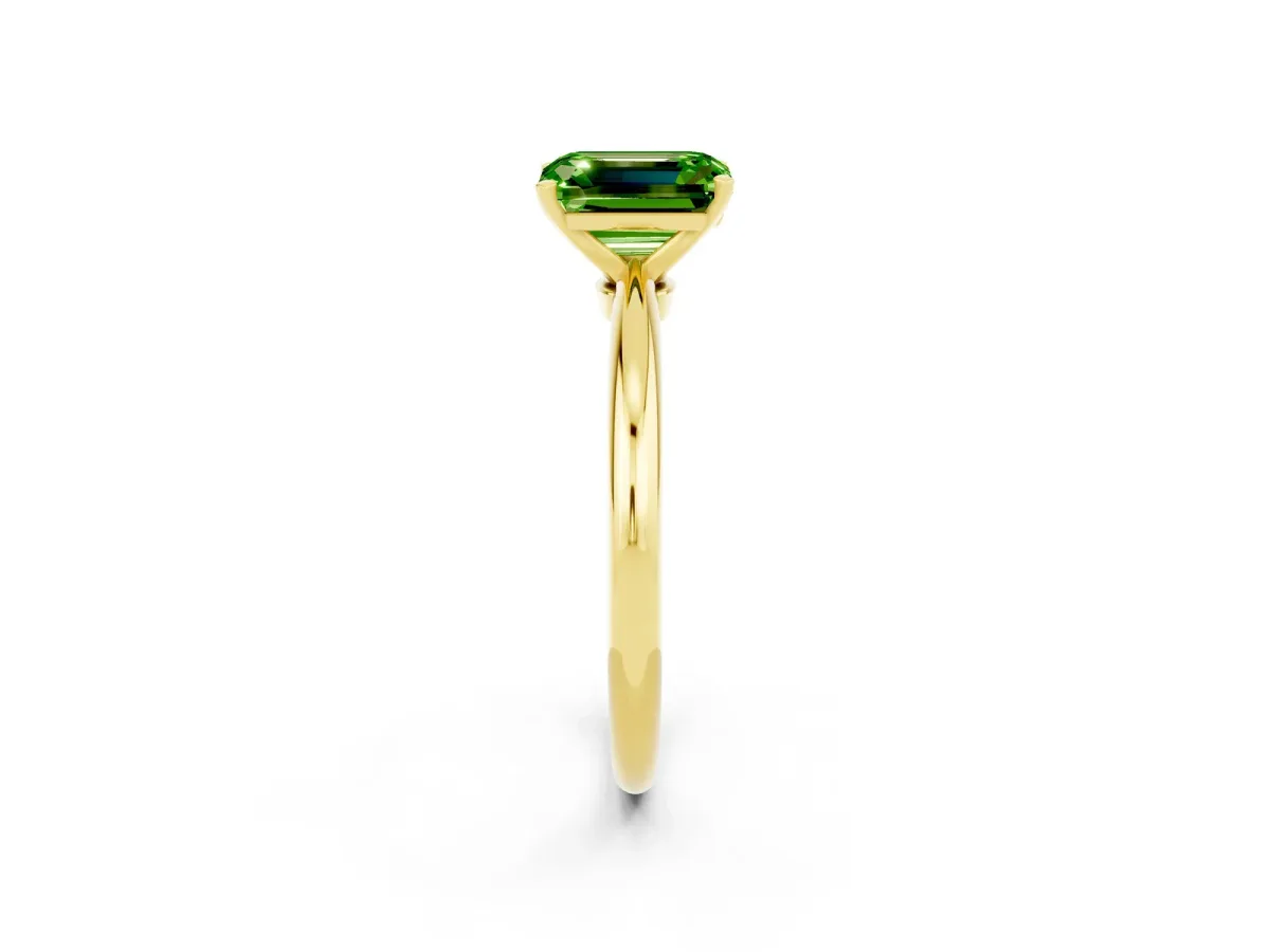 Emerald Cut Peridot Solitaire Ring with Six-Prong Setting and Classic Band Yellow gold
