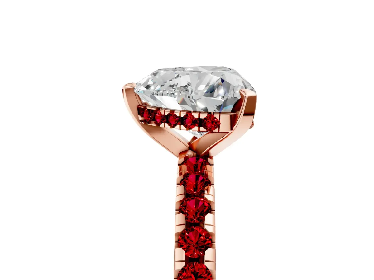 Heart Cut Diamond Solitaire Ring with Round Ruby Pavé Band and Four-Prong Setting Rose gold