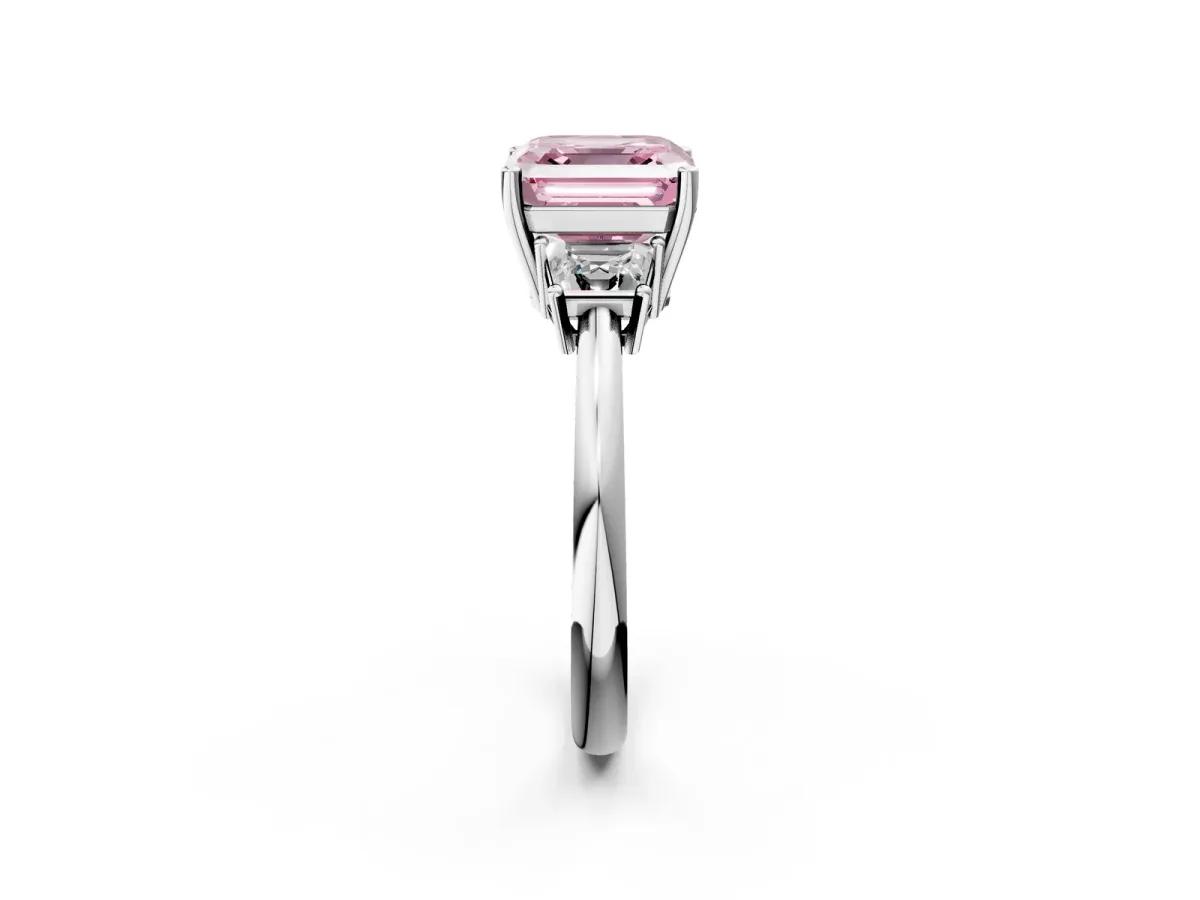 Fancy Pink Asscher Cut Diamond Three-Stone Ring with Trapezoid Side Stones and Prong Setting Silver