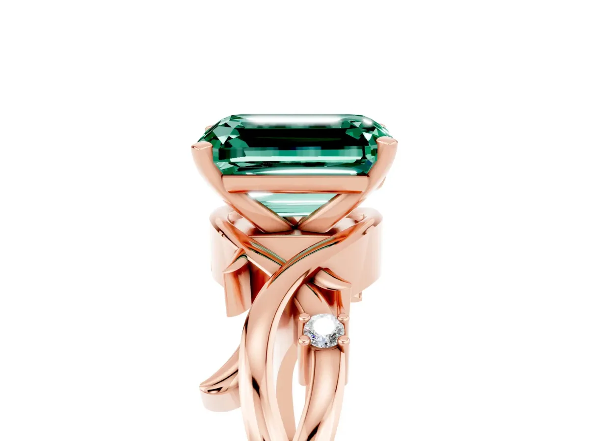 Emerald Cut Green Sapphire Solitaire Ring with Twisted Band and Prong Setting Rose gold