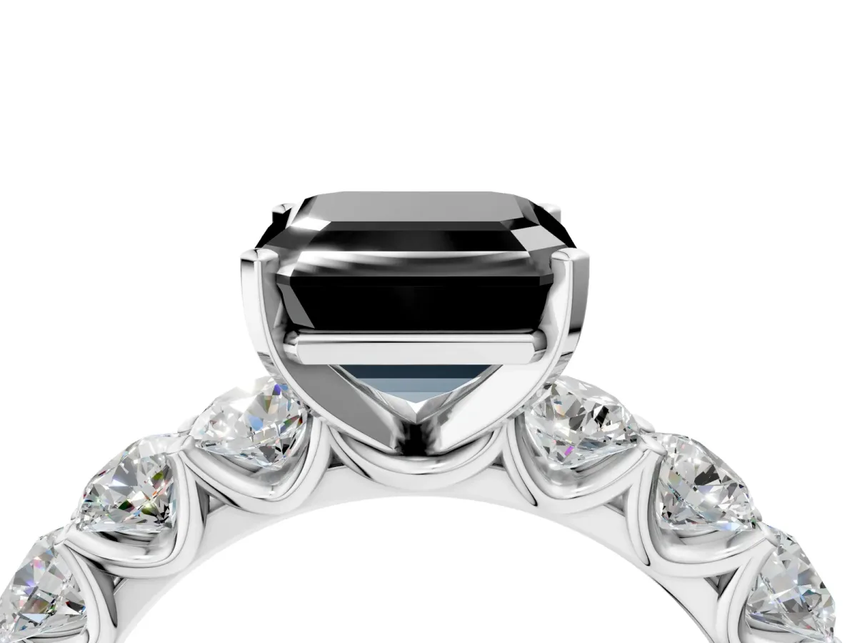 Fancy Black Asscher Cut Diamond Prong Setting with Side Stones on a Pave Band Silver