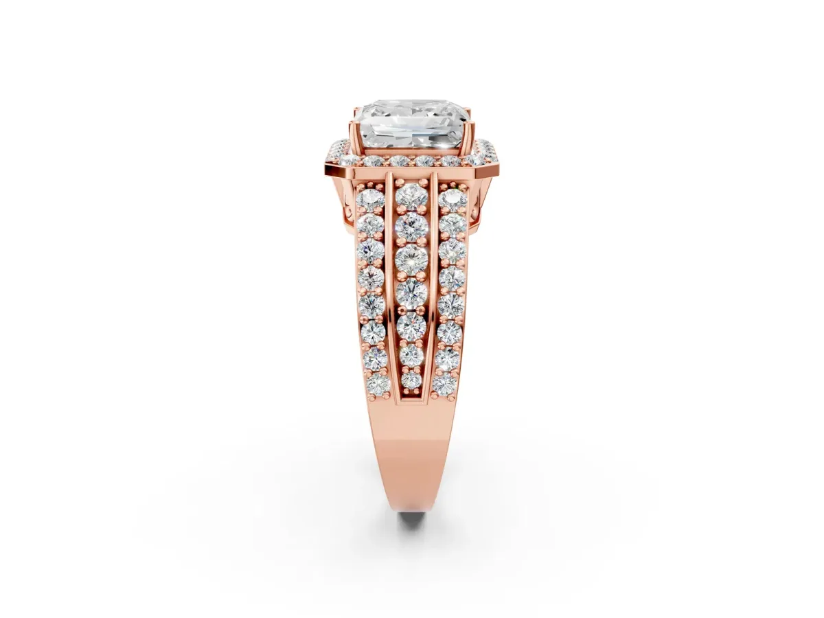 Princess Cut Halo Diamond Ring with Round Split Shank and Prong Setting Rose gold