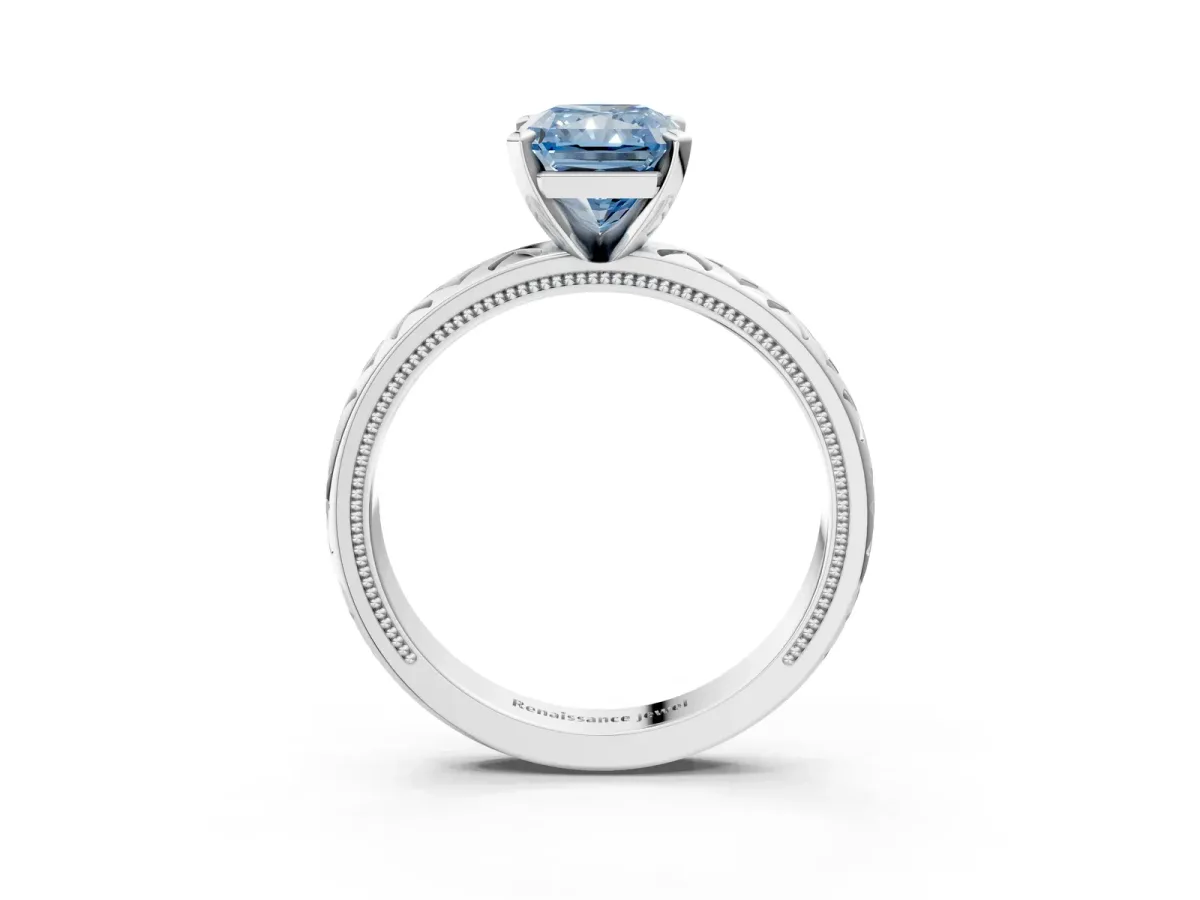 Fancy Blue Radiant Cut Solitaire Diamond Ring with Milgrain and Black Enamel X Pattern Band Platinum
