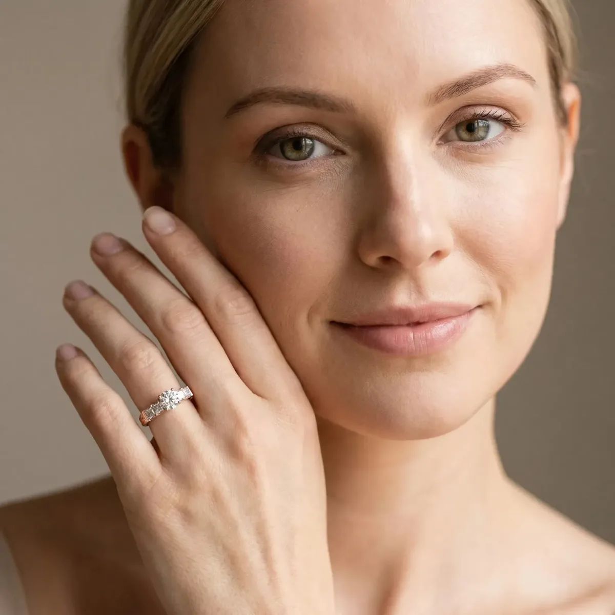 Round Cut Solitaire Princess Side Stone Engraved Band Prong Setting Ring Rose gold
