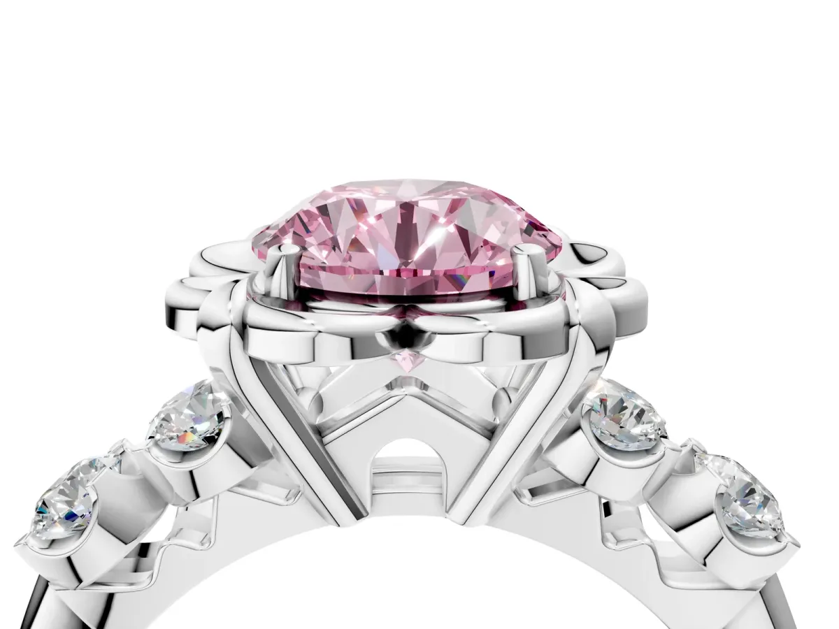 Fancy Pink Round Cut Cut Diamond Floral Halo Engagement Ring with Shared Prong Setting Silver