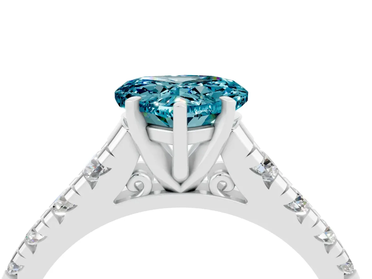 Heart Cut Blue Topaz Cathedral Solitaire Ring with Round Pavé Band Silver