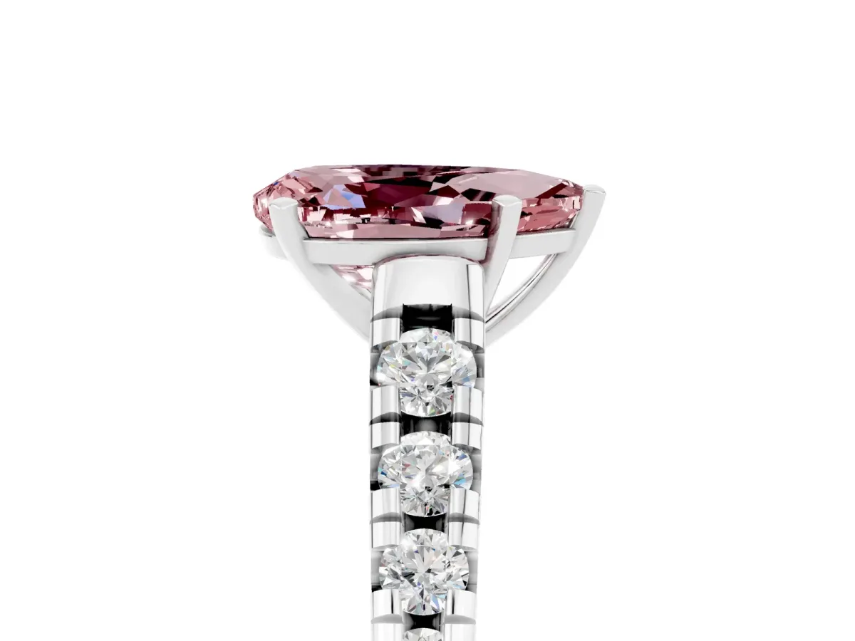 Pear Cut Morganite Cathedral Solitaire Ring with Round Pavé Band Silver