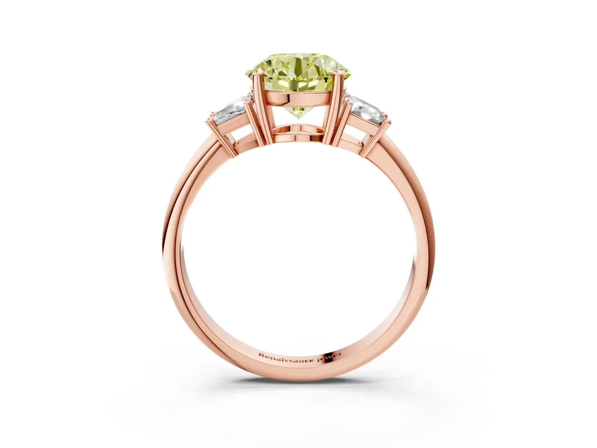 Fancy Yellow Round Cut Diamond Three-Stone Ring with Trapezoid Side Stones and Prong Setting Rose gold