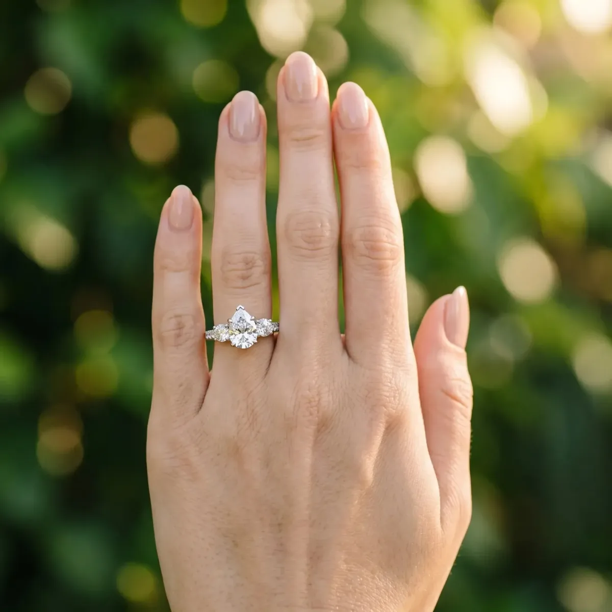 Pear Cut Brilliant Trilogy Channel Set Diamond Ring with Bar Prongs Platinum