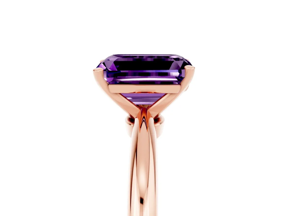 Emerald Cut Amethyst Solitaire Ring with Six-Prong Setting and Classic Band Rose gold