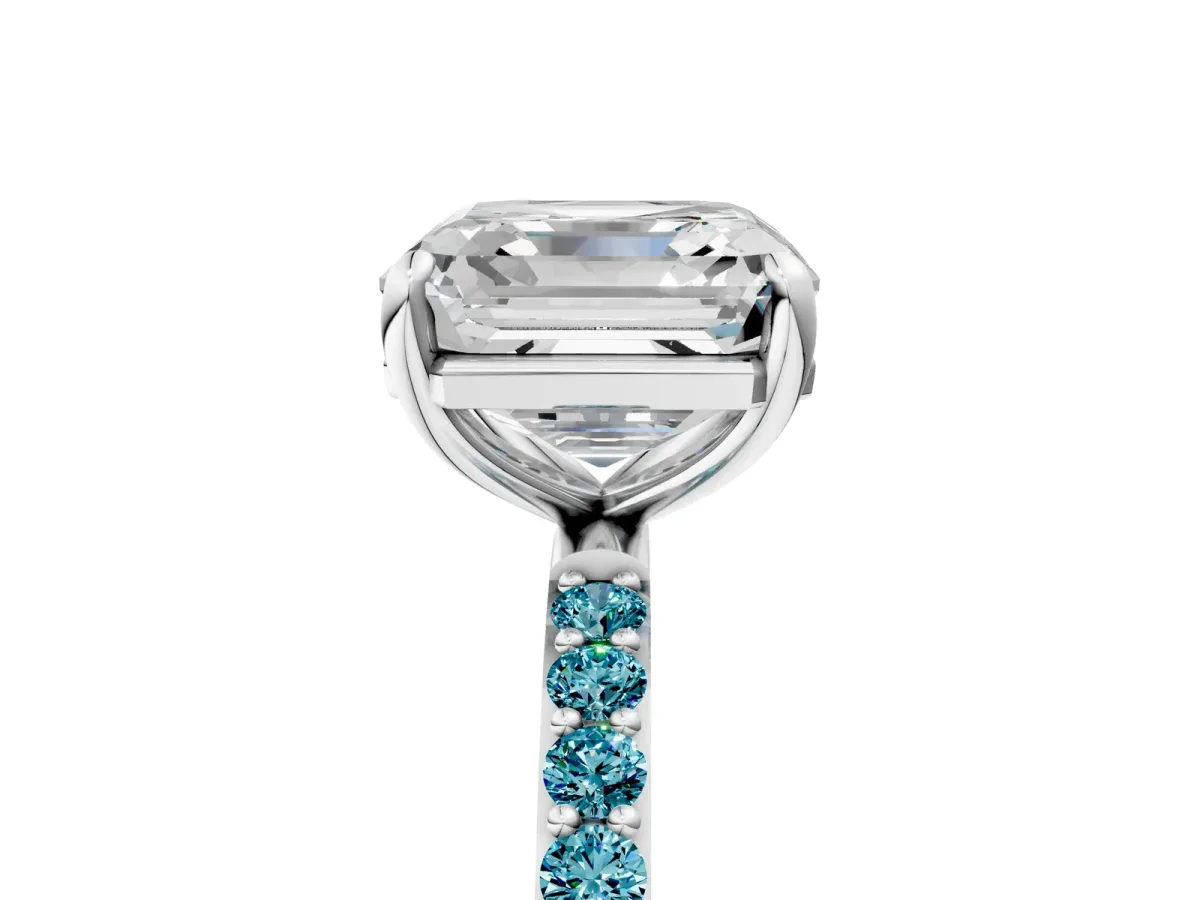 Asscher Cut Diamond Solitaire Ring with Round Blue Topaz Pavé Band and Prong Setting Silver