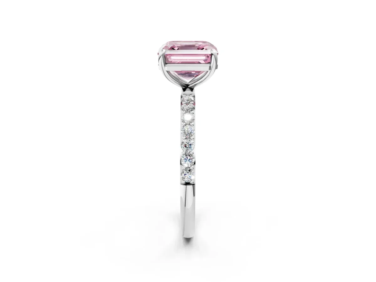 Fancy Pink Asscher Cut Diamond Solitaire Ring with Round Pavé Band and Prong Setting Silver